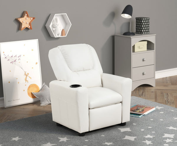 English Elm Carisa Youth Pu Leather Recliner Chair with Cupholder for Playroom or Bedroom White B2749P413216