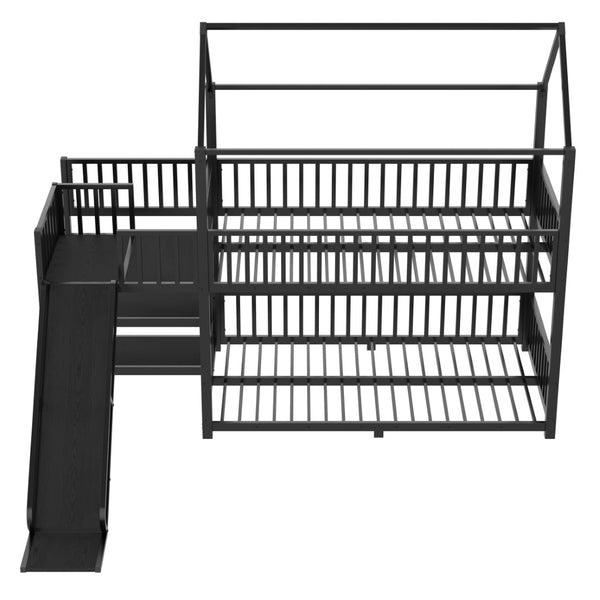 English Elm Full Metal House Bunk Bed with Slide Storage Stairs and Safety Rails for Kids W1580S00344