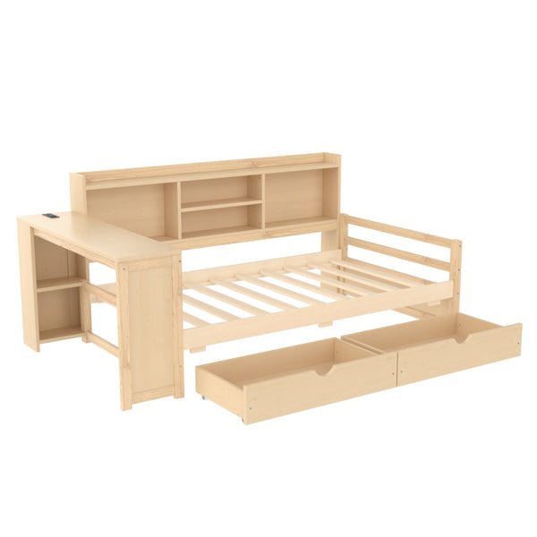 English Elm Twin Corner Daybed Pine Frame Built in Desk Bookcase Drawers Charging Kids Room Natural W697S00042