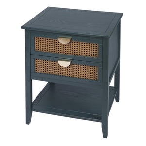 English Elm 2 Elegant Rattan Side Table with Solid Wood Veneer, Semi-Circular Metal Handle, Bedroom Accent Piece Green W68858072