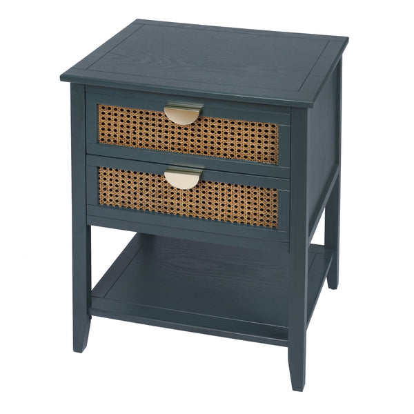 English Elm 2 Elegant Rattan Side Table with Solid Wood Veneer, Semi-Circular Metal Handle, Bedroom Accent Piece Green W68858072