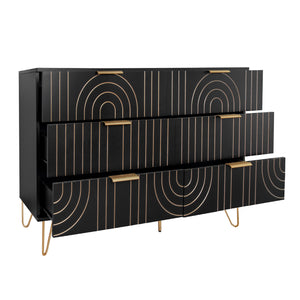 English Elm Modern 6 Drawer Dresser with Gold Metal Handles, Anti-Tip Design, Smooth Slide Drawers for Bedroom Black W688P170443