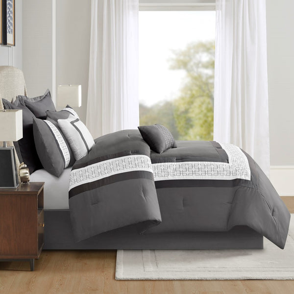 English Elm 8 Piece Embroidered Comforter Set In Dark Grey - Elegant Hotel-Style Queen Bedding For Modern Retreat B035P266658