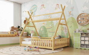 English Elm Twin Montessori Floor Bed House Frame with Led Lighting and Safety Rails for Kids Natural W2593P440591