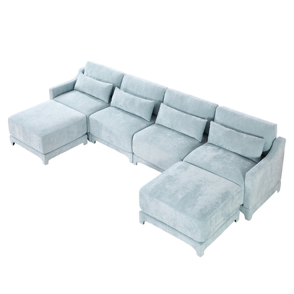 English Elm Four-Seater Sofa Set With Movable Ottoman & Lumbar Pillow - Elegant Sky Blue Chenille Comfort! W714S01212