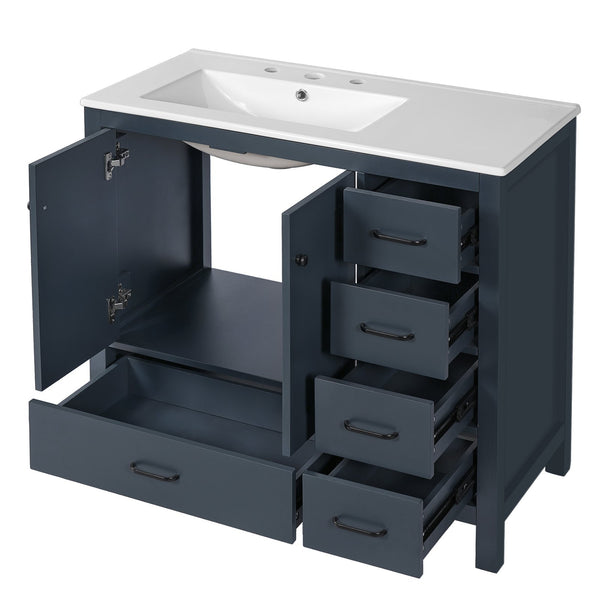 English Elm 36" Blue Bathroom Vanity with Ceramic Sink, 5 Drawers & Soft-Close Doors, Solid Wood Modern Storage N729P183735C