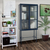 Blue Floor Cabinet, 2 Glass Doors, Adjustable Shelves, Anti-Tip, Dust-Free, Easy Assembly