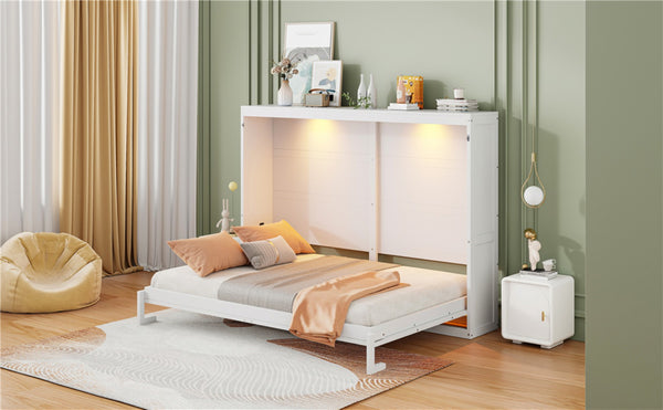 English Elm Queen Murphy Wall Bed with Led Lighting Modern Cabinet Folds Flat for Studio Living White LP100973AAK