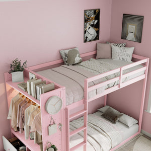 English Elm Twin Bunk Bed with Storage Drawers Hanging Rail Led Shelves and Pegboard Organizer Pink LT000282AAH