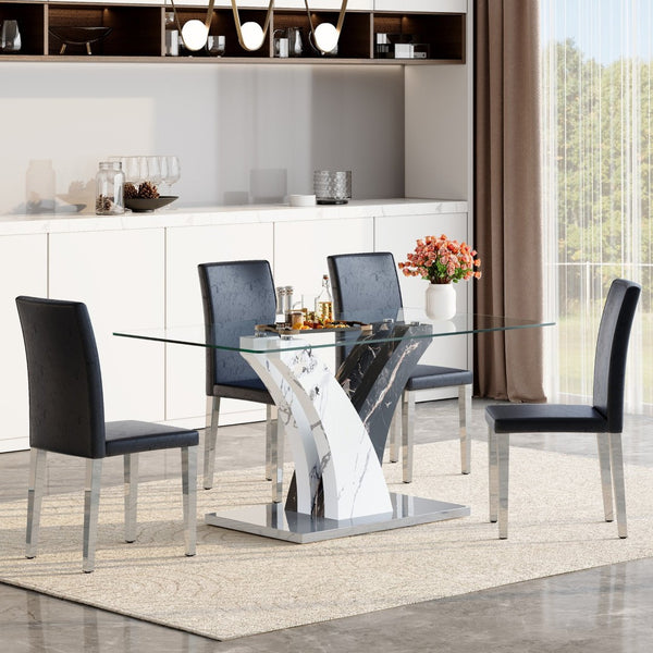 English Elm Table 5-Piece Dining Set With Glass Top, Sculptural Mdf Legs, And 4 Black Pu Chairs For Modern Style W1151S03802-GIGA