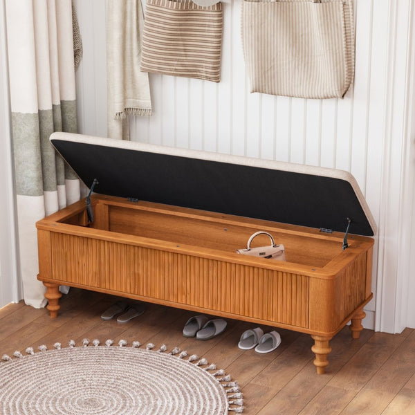 English Elm 50.8-inch Linen Upholstered Storage Bench Rubberwood Frame Lift Top Bedroom Entryway W1716P409897