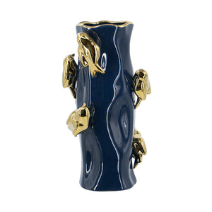 English Elm 8x8x15.5" Blue Ceramic Tree Trunk Vase with Navy Glaze and Gold Bird Accents for Luxe Décor W2078P390453