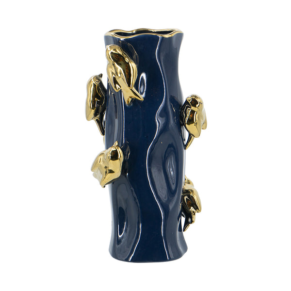 English Elm 8x8x15.5" Blue Ceramic Tree Trunk Vase with Navy Glaze and Gold Bird Accents for Luxe Décor W2078P390453
