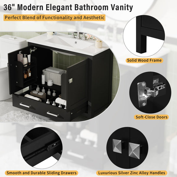 English Elm 72" Black Bathroom Vanity Set with Double Ceramic Sinks, Soft-Close Doors, Divided Drawer, Ample Storage and Solid Wood Frame for Durable Modern Style N729P000006B
