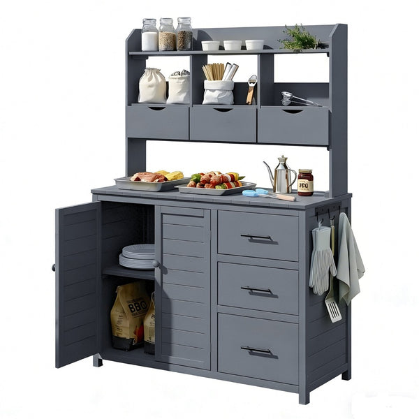 English Elm (with Hutch) Topamx Solid Fir Potting Bench Patio Workstation Spice Rack Drawer Gray N717P404331E