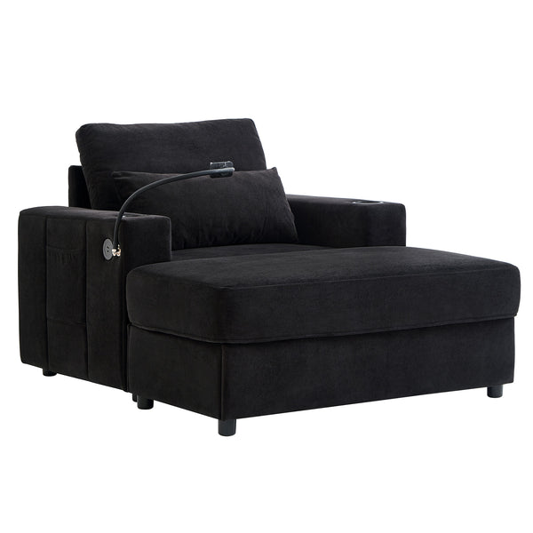 English Elm Modern Multifunctional Armchair with Chaise Lounge, Hidden Ottoman Storage, USB Ports & Cup Holders Black N719P292700B
