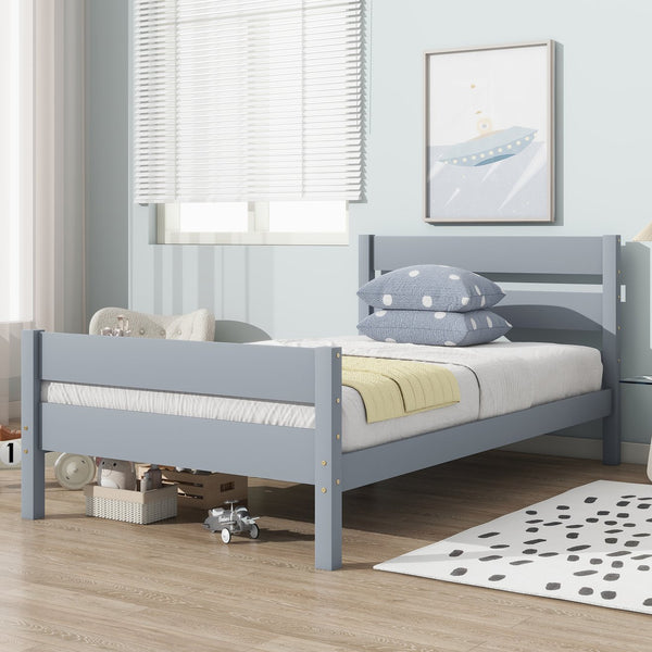 English Elm Twin Minimalist Rubberwood Bed with Headboard & Footboard, Grey Storage Twin Frame, 250lb Capacity W504P284274