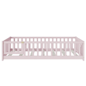 English Elm Twin Solid Rubberwood Floor Bed with Full Perimeter Safety Rails for Toddler Rooms Pink W504P296782