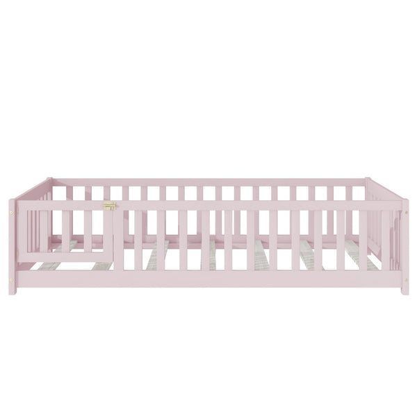 English Elm Twin Solid Rubberwood Floor Bed with Full Perimeter Safety Rails for Toddler Rooms Pink W504P296782