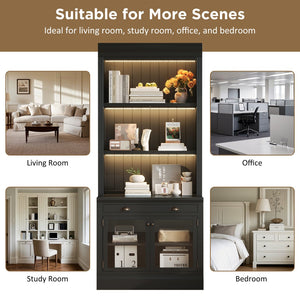 English Elm 83.4"tall Two-piece Bookcase Suite with Led Shelves Tempered Glass Doors Matte Black N751S059521B