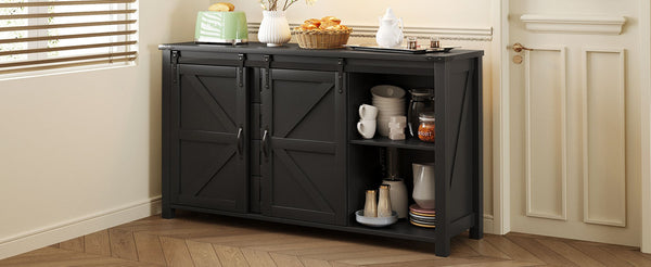 English Elm U-style Farmhouse Sideboard Barn Door Buffet with Drawers Built-in Outlet Dining Black N711P347377B