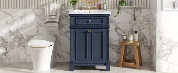 English Elm 24'' Carved Farmhouse Bathroom Vanity with Ceramic Sink Soft Close Storage Cabinet Blue N710P446530C