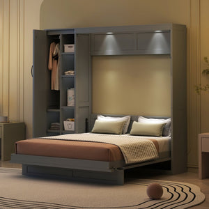 English Elm Full Size Murphy Bed with Open Shelving Wardrobe and Led Lighting for Studio Spaces Gray LP000898AAE-1