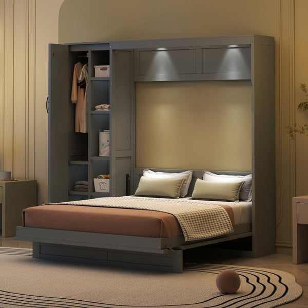 English Elm Full Size Murphy Bed with Open Shelving Wardrobe and Led Lighting for Studio Spaces Gray LP000898AAE-1