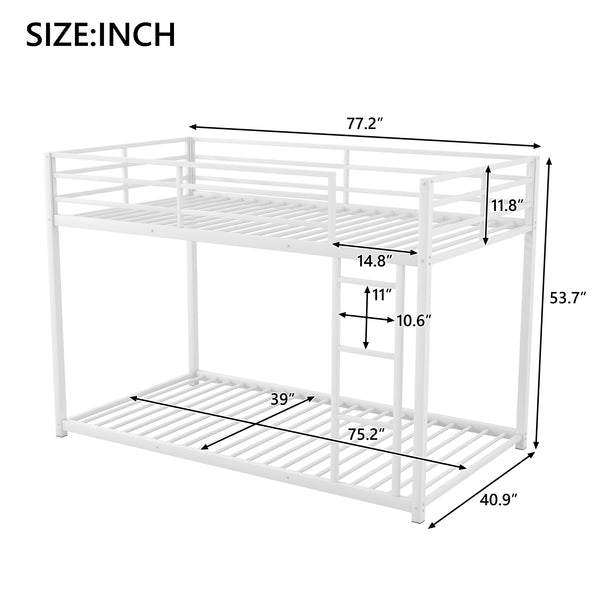 English Elm Twin Over Twin Metal Bunk Bed Low Profile with Full Guardrail Ladder Quiet Steel Frame Sturdy Support White MF285535AAK