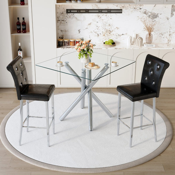 English Elm Modern Tempered Glass Pub Table Set Chrome X-base Stools for Kitchen or Home Bar W3875S00035