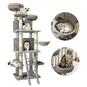 English Elm Large 7 Tier Plush Cat Tree with Dual Condos Hammock Sisal Posts for Multi Cat Homes Gray W1578P447623