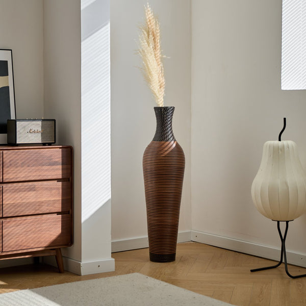 English Elm 39 Tall Designer Floor Vase 39.25" Black+Gray Two-Tone PVC Rattan 40" Modern Rustic Accent for Living Rooms W2796P193947