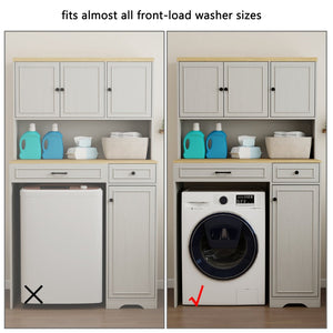 English Elm Over Washer Dryer Laundry Cabinet with Basket Drawer Adjustable Shelves Antique White W1120P338184