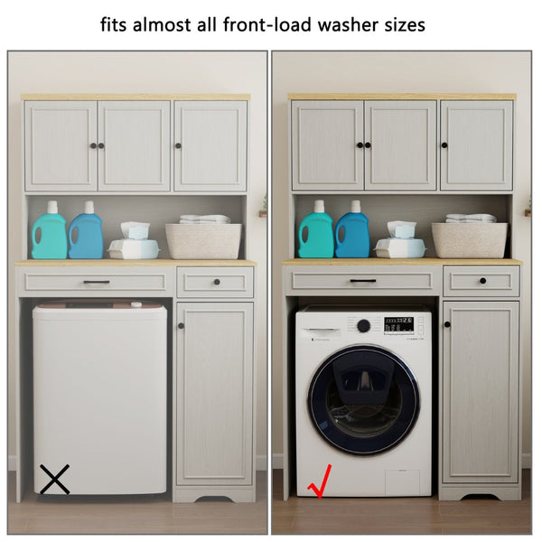English Elm Over Washer Dryer Laundry Cabinet with Basket Drawer Adjustable Shelves Antique White W1120P338184