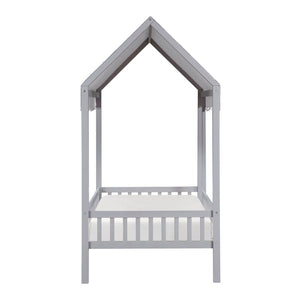 English Elm Gray Finish Canopy Platform Bed Scalloped Fabric Cover Solid Wood Twin Frame Gray B011P463890