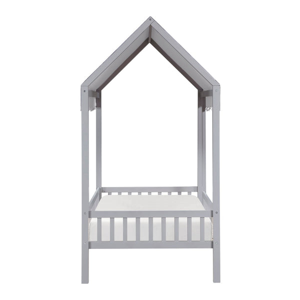English Elm Gray Finish Canopy Platform Bed Scalloped Fabric Cover Solid Wood Twin Frame Gray B011P463890