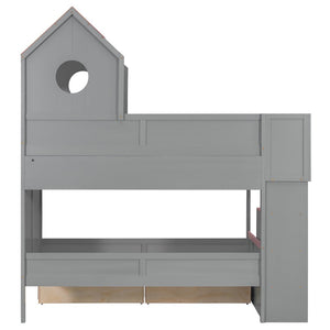 English Elm Twin Over Kids Bunk Bed with Castle Roofline Led Lights and Staircase Storage Gray N820S00068E
