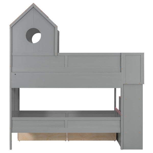 English Elm Twin Over Kids Bunk Bed with Castle Roofline Led Lights and Staircase Storage Gray N820S00068E
