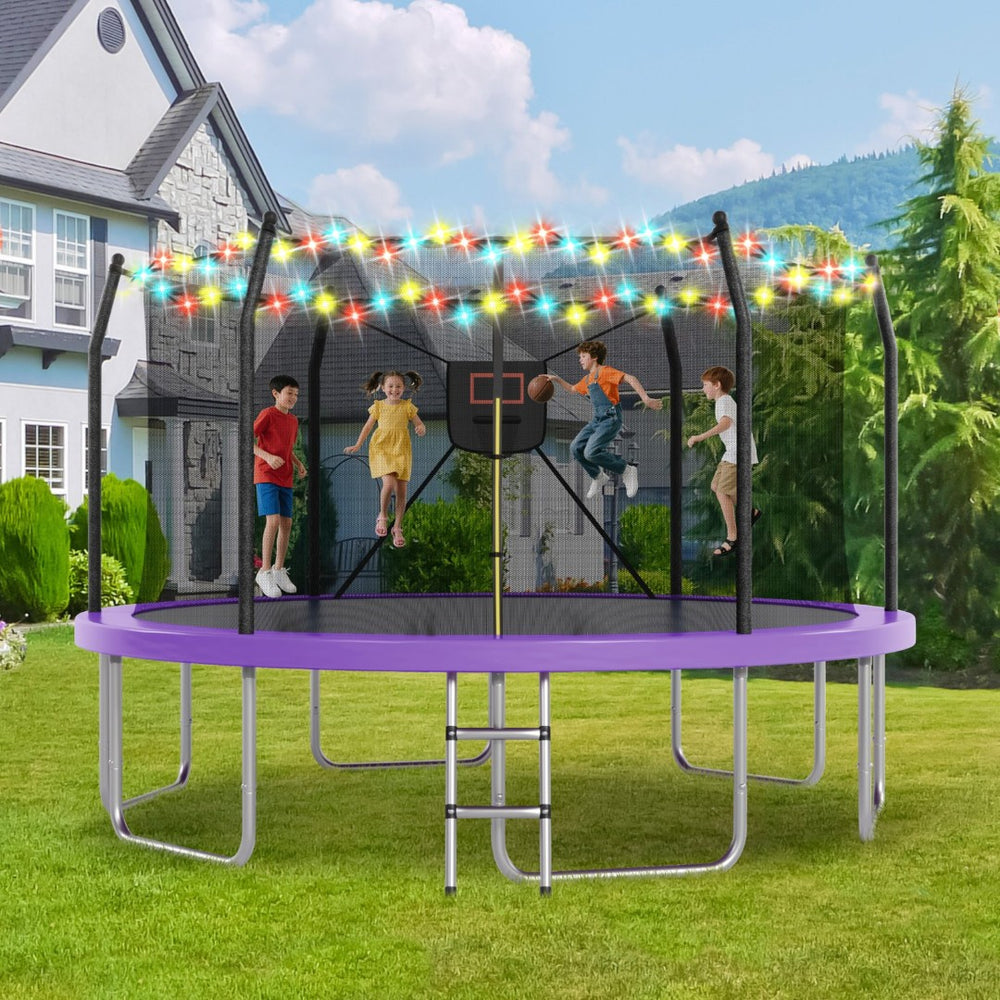 English Elm 14ft Backyard Trampoline with Led Lights Basketball Hoop and Galvanized Safety Frame N739P308480A
