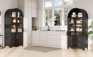 English Elm K&K Arched 71" Kitchen Pantry Cabinet with Glass Doors, Brass Handles, Adjustable Shelves & Drawer Black N707P288969B