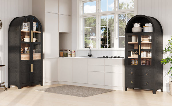 English Elm K&K Arched 71" Kitchen Pantry Cabinet with Glass Doors, Brass Handles, Adjustable Shelves & Drawer Black N707P288969B