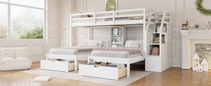English Elm Twin Triple Bunk Bed White Pine Frame with Staircase Storage Drawers and Built Shelves GX000324AAK-1