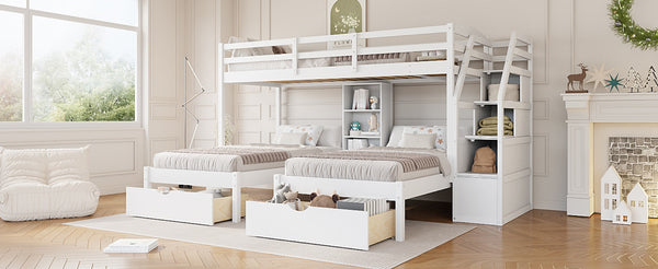 English Elm Twin Triple Bunk Bed White Pine Frame with Staircase Storage Drawers and Built Shelves GX000324AAK-1