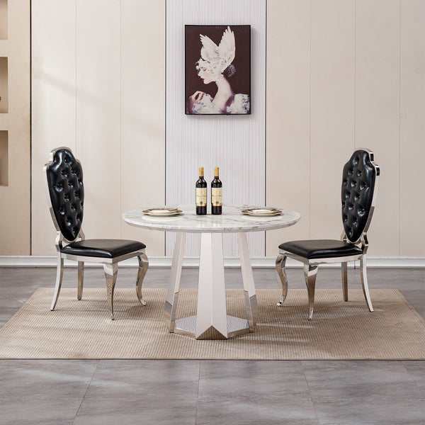 English Elm 47" Round Marble Dining Table - Modern High-Gloss Faux Marble Top With Stainless Steel Base For Style W3456S00007