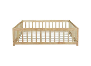 English Elm Queen Rubberwood Floor Bed with Perimeter Fence and Latch Door for Toddler Safety W504P370525