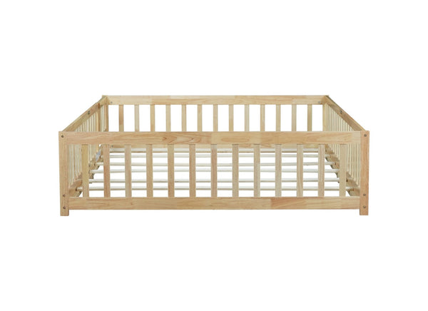 English Elm Queen Rubberwood Floor Bed with Perimeter Fence and Latch Door for Toddler Safety W504P370525