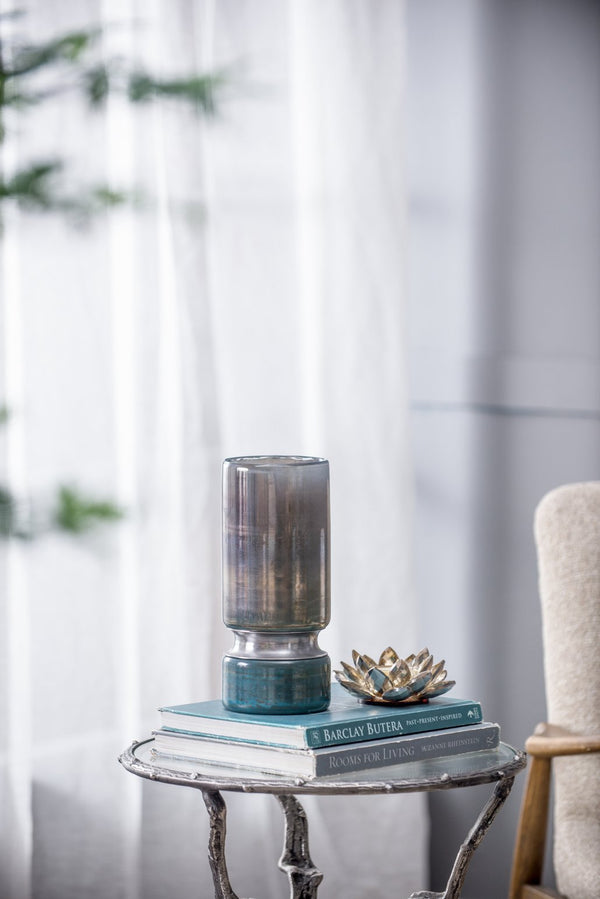 English Elm D4.7x10.6" Smokey Blue Stellar Glass Vase with Chrome Accent, Modified Hourglass Modern Night Sky Design W2078P391150