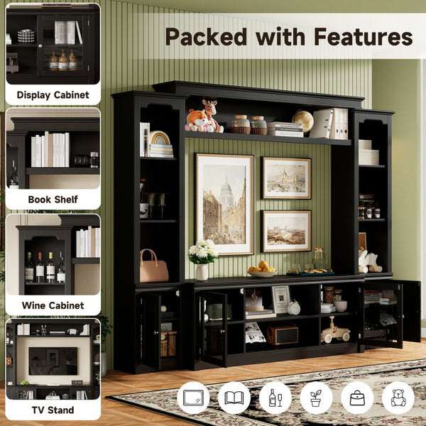 English Elm Entertainment Wall Unit with Glass Doors Open Shelving Mdf Living Room Storage Black N710S688102B