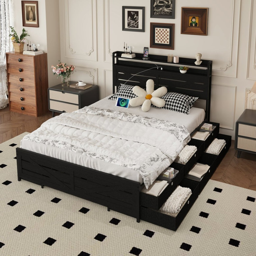 English Elm Full-size Platform Bed Matte Metal Frame Led Headboard with 12 Storage Drawers Black W5026P404145