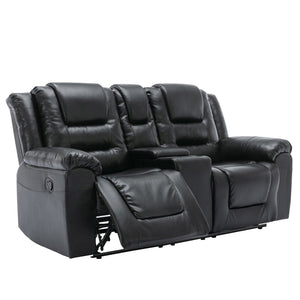 English Elm Home Theater Recliner Set Manual recliner with wide armrests, dual cup holders, durable PU upholstery, sturdy iron frame and foam comfort for living room and bedroom relaxation Black SG001460AAB